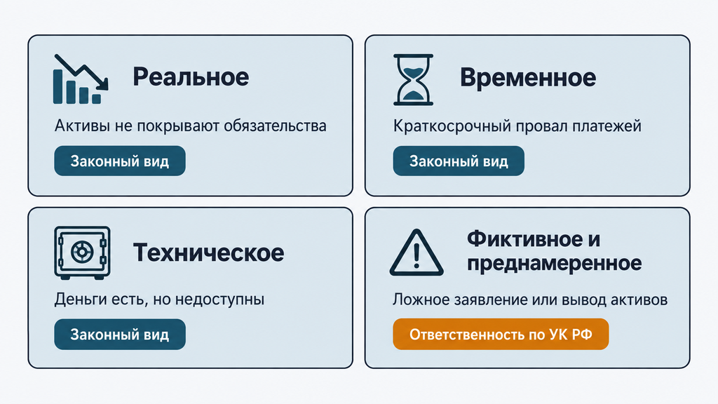 Виды банкротства предприятий на инфографике: реальное, временное, техническое и преднамеренное с указанием законности.