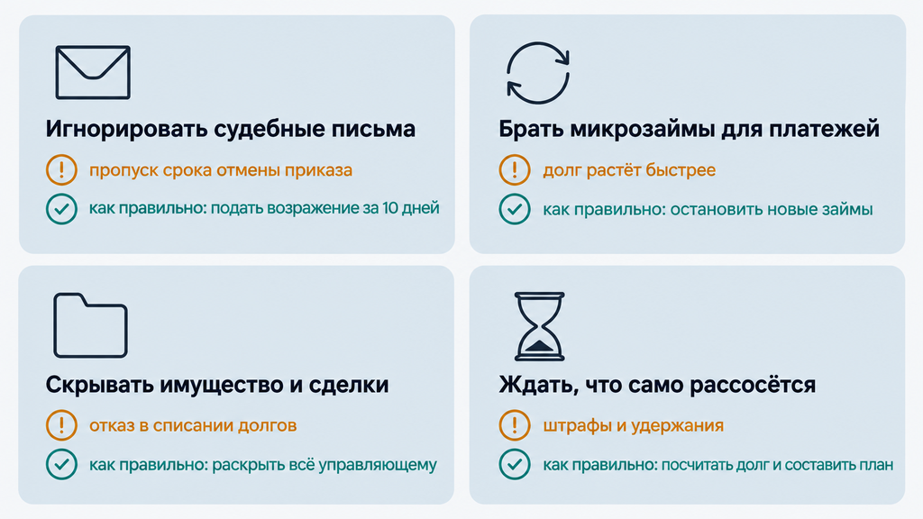 Визуальная памятка с сеткой 2х2: типичные ошибки должников, риски их повторения и правильные шаги по урегулированию задолженности.