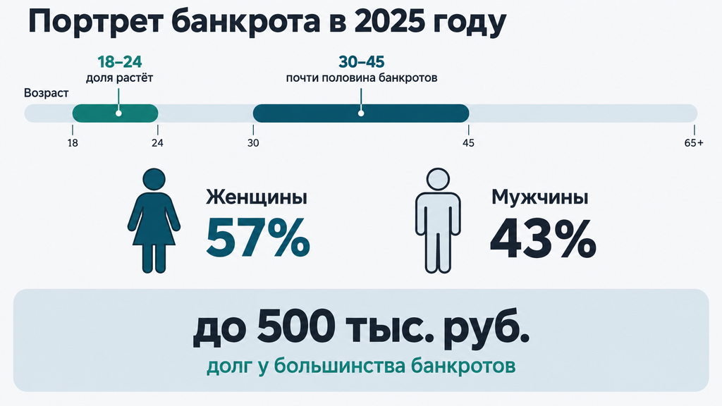 Статистика банкротства 2025 года: типичный должник в возрасте 30–45 лет с долгом до 500 тыс. руб., данные о распределении по полу и возрасту