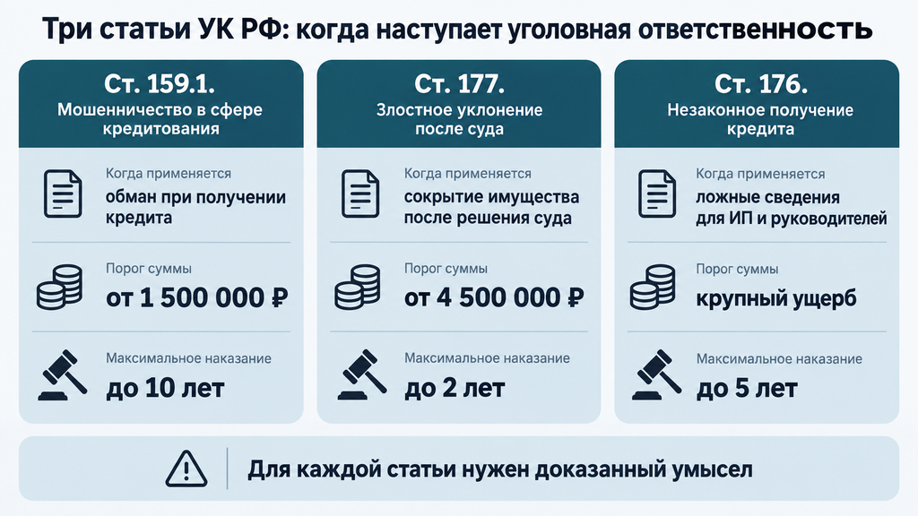 Сравнительная карточка статей УК РФ 159.1, 177 и 176 с условиями привлечения к ответственности, порогами сумм и максимальными наказаниями