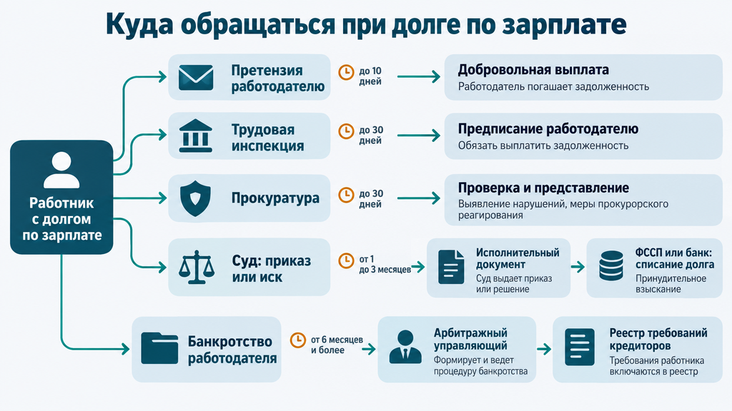 Карта этапов взыскания долга по невыплаченной заработной плате с путями обращений и результатами