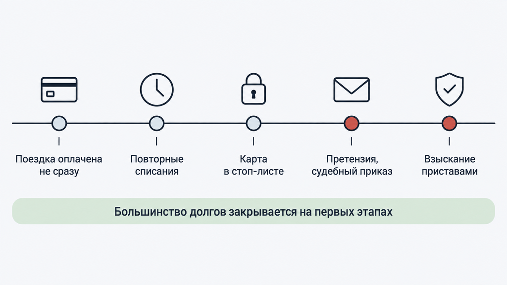 Временная шкала этапов взыскания долга за проезд при неоплате поездки