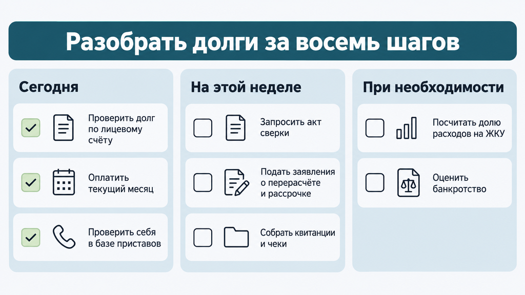 Чек-лист погашения задолженности по ЖКУ в 8 шагов с пиктограммами документа календаря телефона и папки