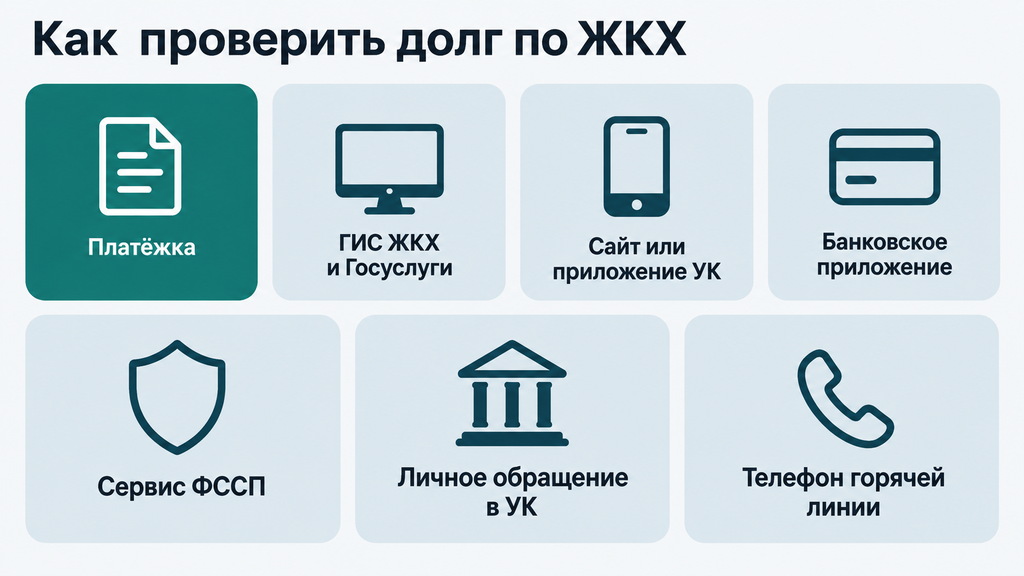 Инфографика-чеклист: семь способов проверки задолженности по ЖКХ онлайн и офлайн