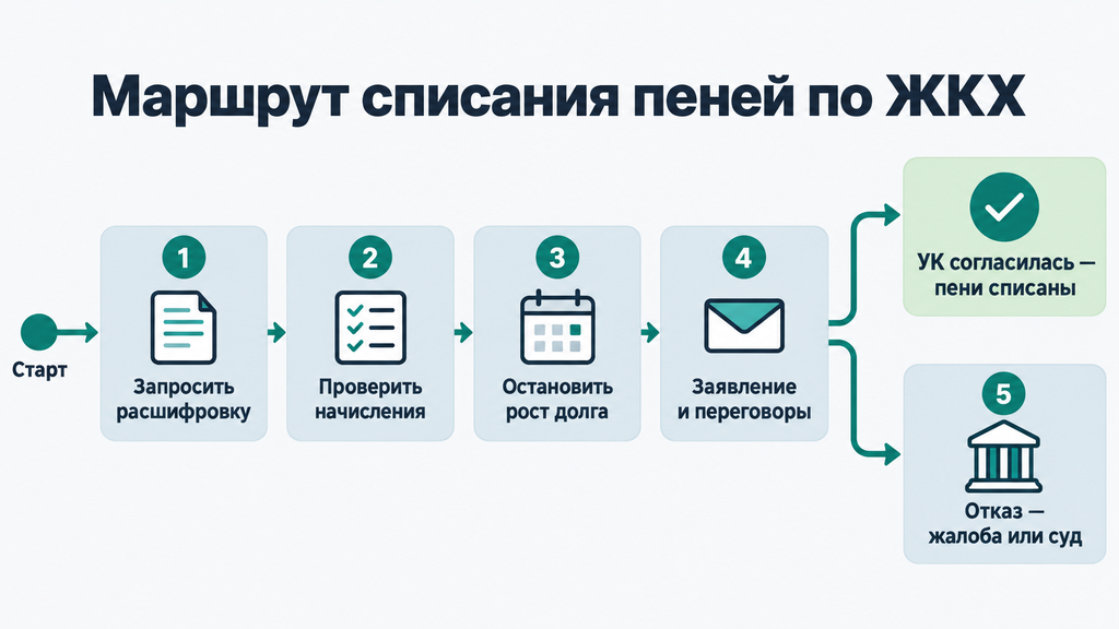 Схема пошагового маршрута по снижению пеней в ЖКХ: от запроса расшифровки до отказа, жалобы или суда.