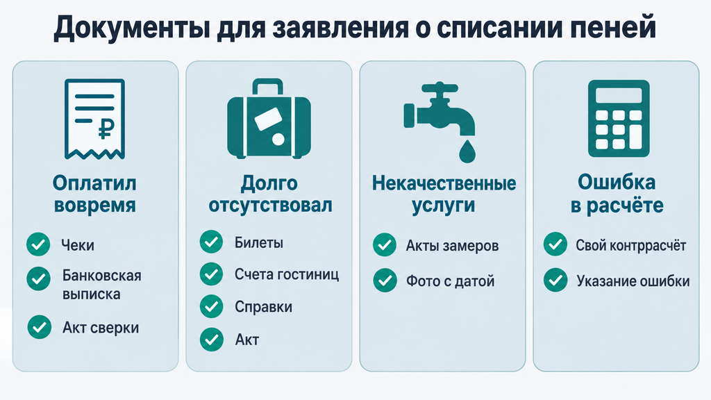 Чек-лист из четырех карточек с документами для заявления о списании пеней по ЖКХ при разных ситуациях