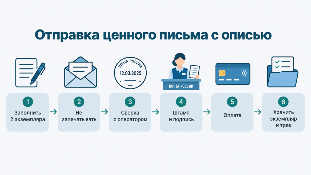 Пошаговая инфографика отправки ценного письма с описью вложения на почте: шесть этапов от заполнения бланков до получения штампа и сохранения экземпляра для отслеживания