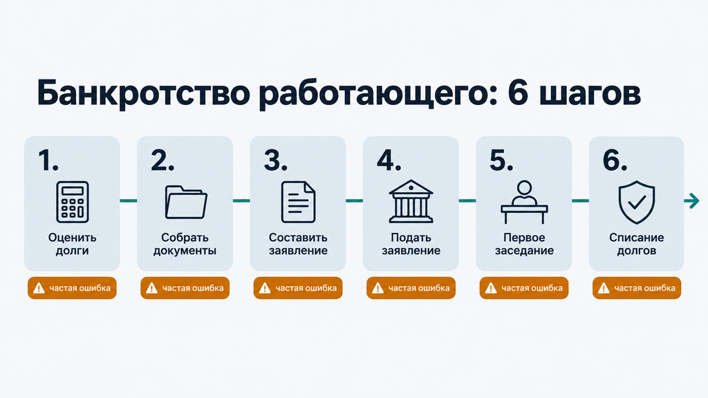 Горизонтальная карта процесса банкротства для работающего должника из шести этапов от анализа долгов до их списания с пиктограммами и отметками типичных ошибок.
