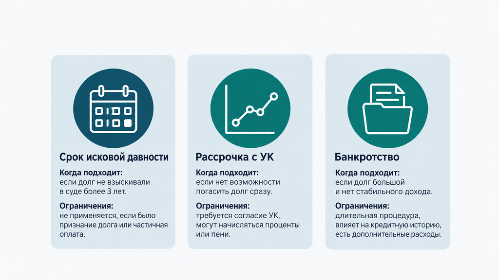Сравнение трёх способов решения долга по ЖКХ: срок исковой давности, рассрочка от УК и банкротство. Инфографика с критериями выбора для каждого метода.
